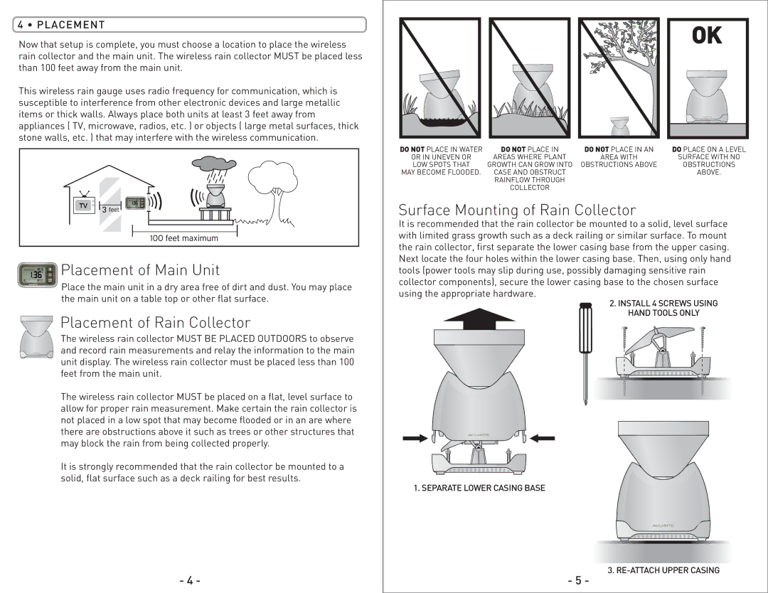 Acu-Rite 00614/00626SB Placement of Main Unit, Surface Mounting of Rain Collector, Placement of Rain Collector 