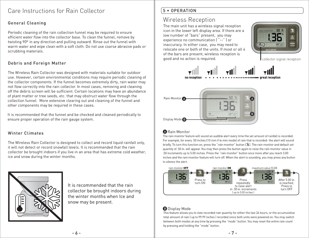 Acu-Rite 00614/00626SB instruction manual Care Instructions for Rain Collector, Wireless Reception, Operation 