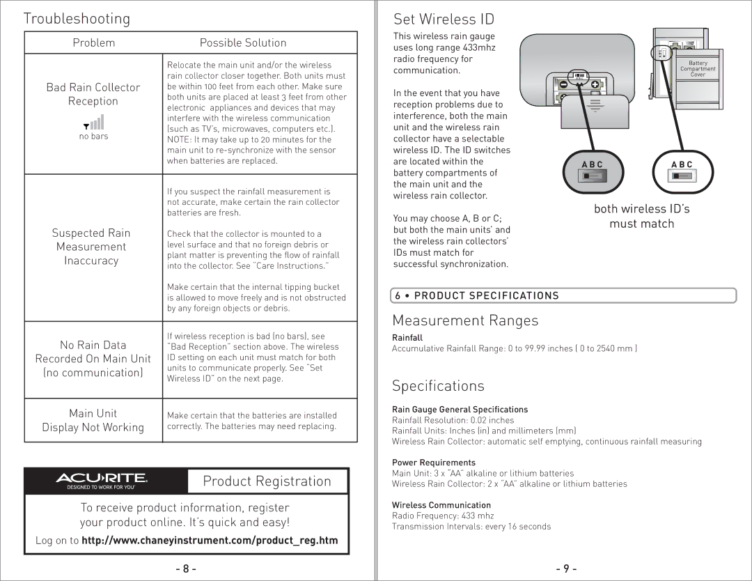 Acu-Rite 00614/00626SB instruction manual Troubleshooting, Set Wireless ID, Measurement Ranges, Product Specifications 