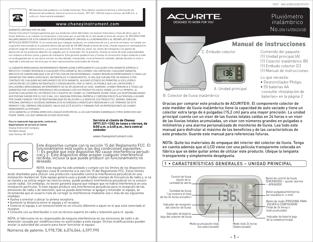 Acu-Rite 00614/00626SB instruction manual Características Generales Unidad Principal, Garantía Limitada POR UN AÑO 