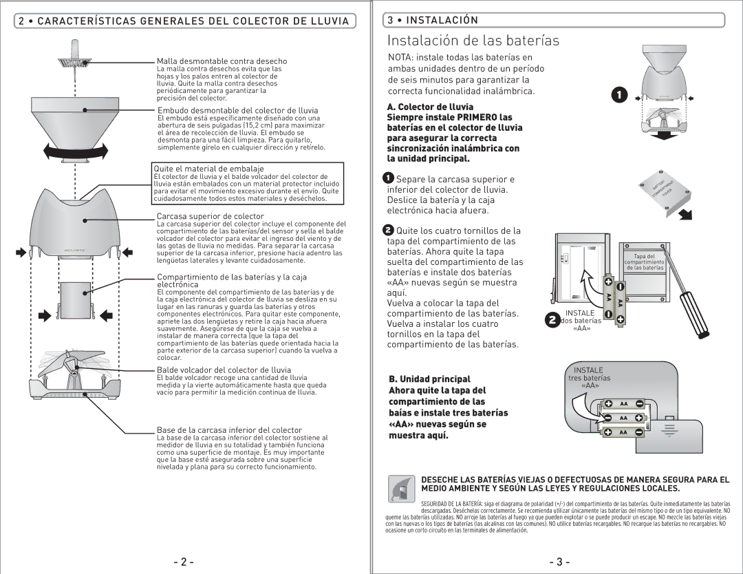 Acu-Rite 00614/00626SB Instalación de las baterías, Características Generales DEL Colector DE Lluvia Instalación 