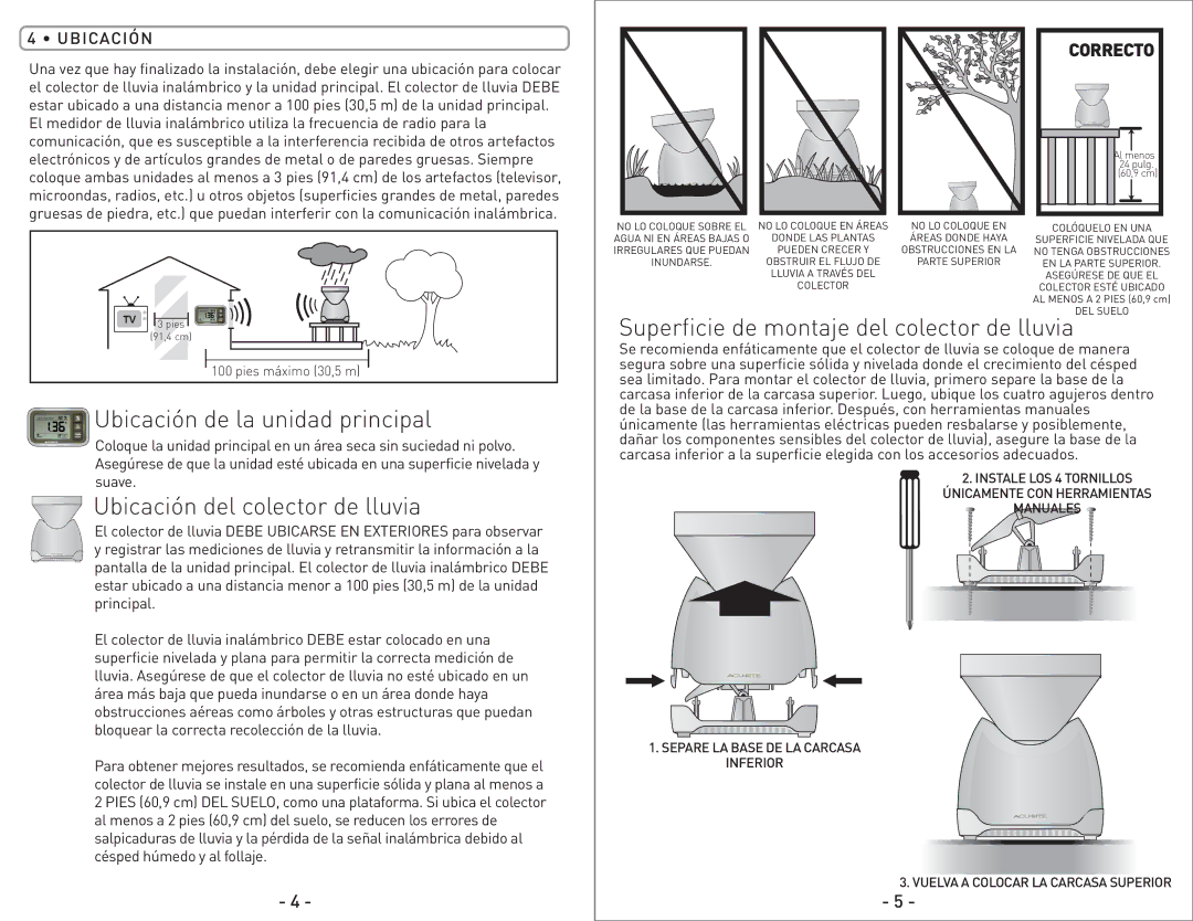 Acu-Rite 00614/00626SB instruction manual Ubicación de la unidad principal, Ubicación del colector de lluvia 