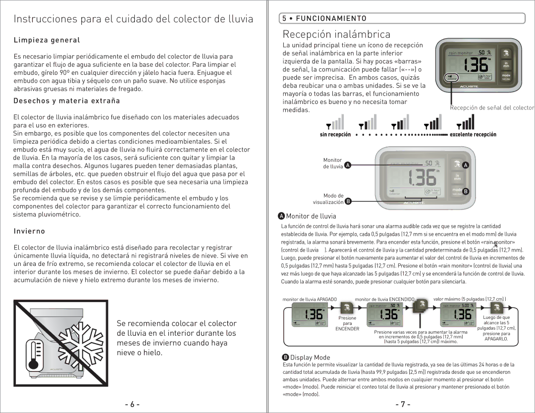 Acu-Rite 00614/00626SB Instrucciones para el cuidado del colector de lluvia, Recepción inalámbrica, Funcionamiento 