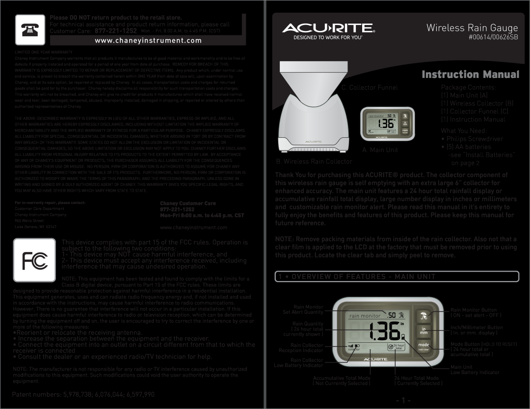Acu-Rite instruction manual Wireless Rain Gauge, Overview Of Features - Main Unit, #00614/00626SB 