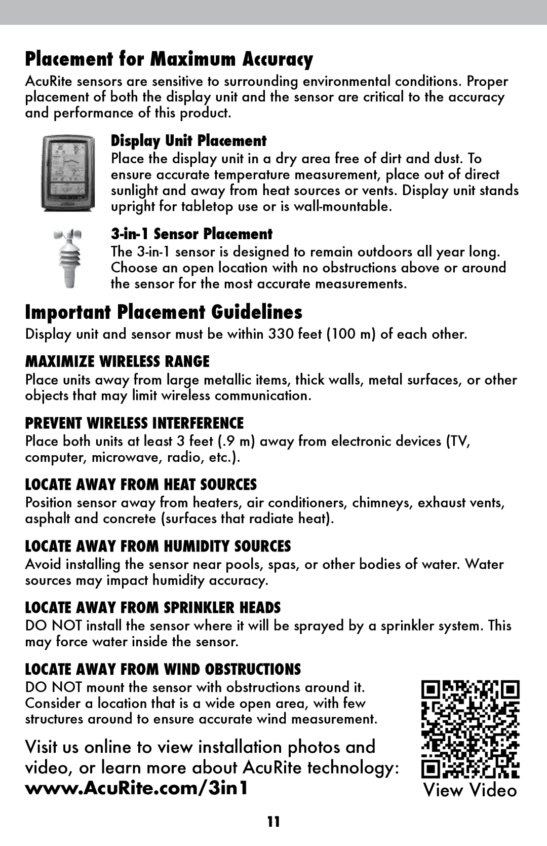 Acu-Rite 00639W instruction manual Placement for Maximum Accuracy, Important Placement Guidelines, Display Unit Placement 