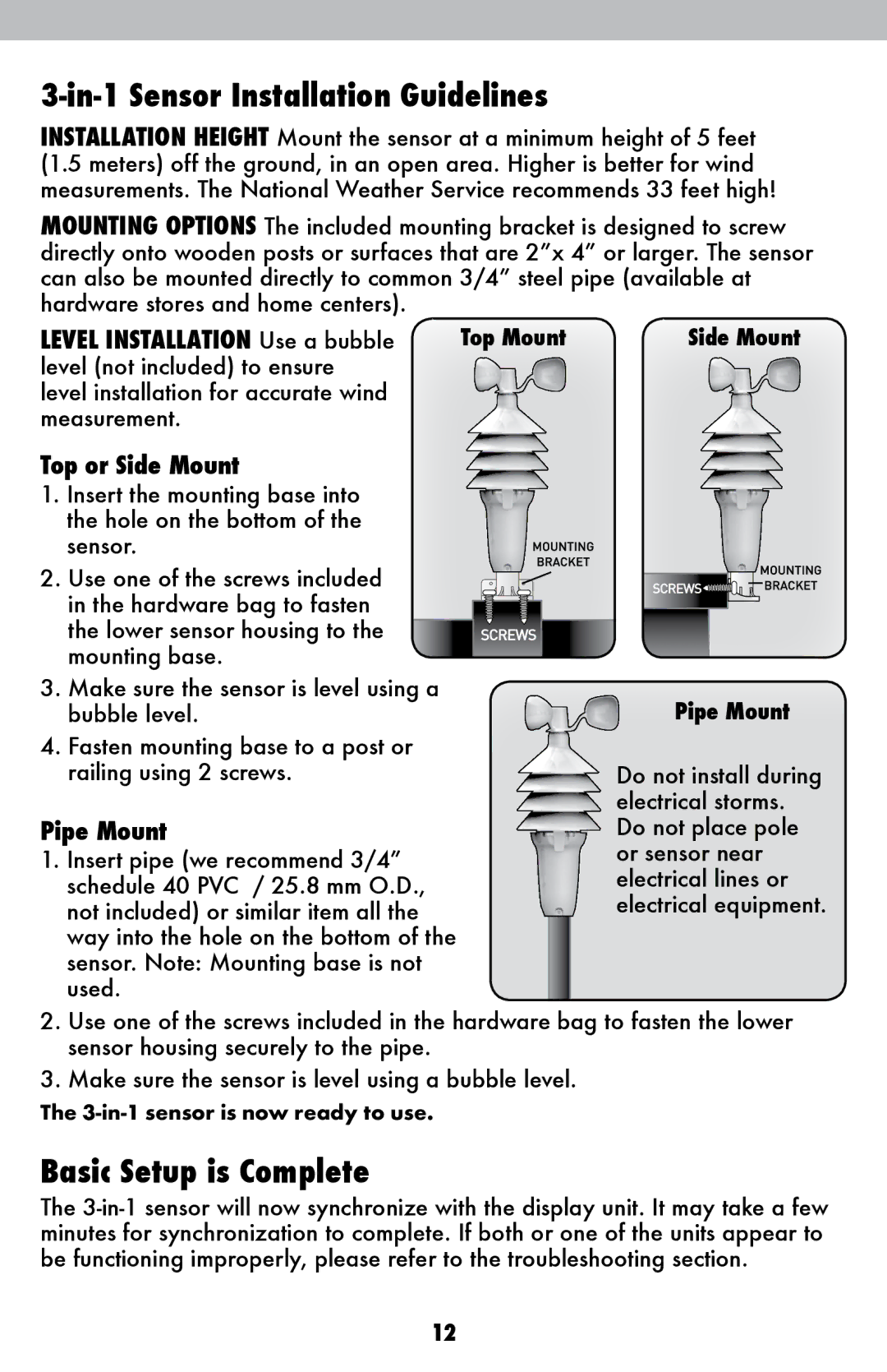 Acu-Rite 00639W In-1 Sensor Installation Guidelines, Basic Setup is Complete, Level Installation Use a bubble, Pipe Mount 