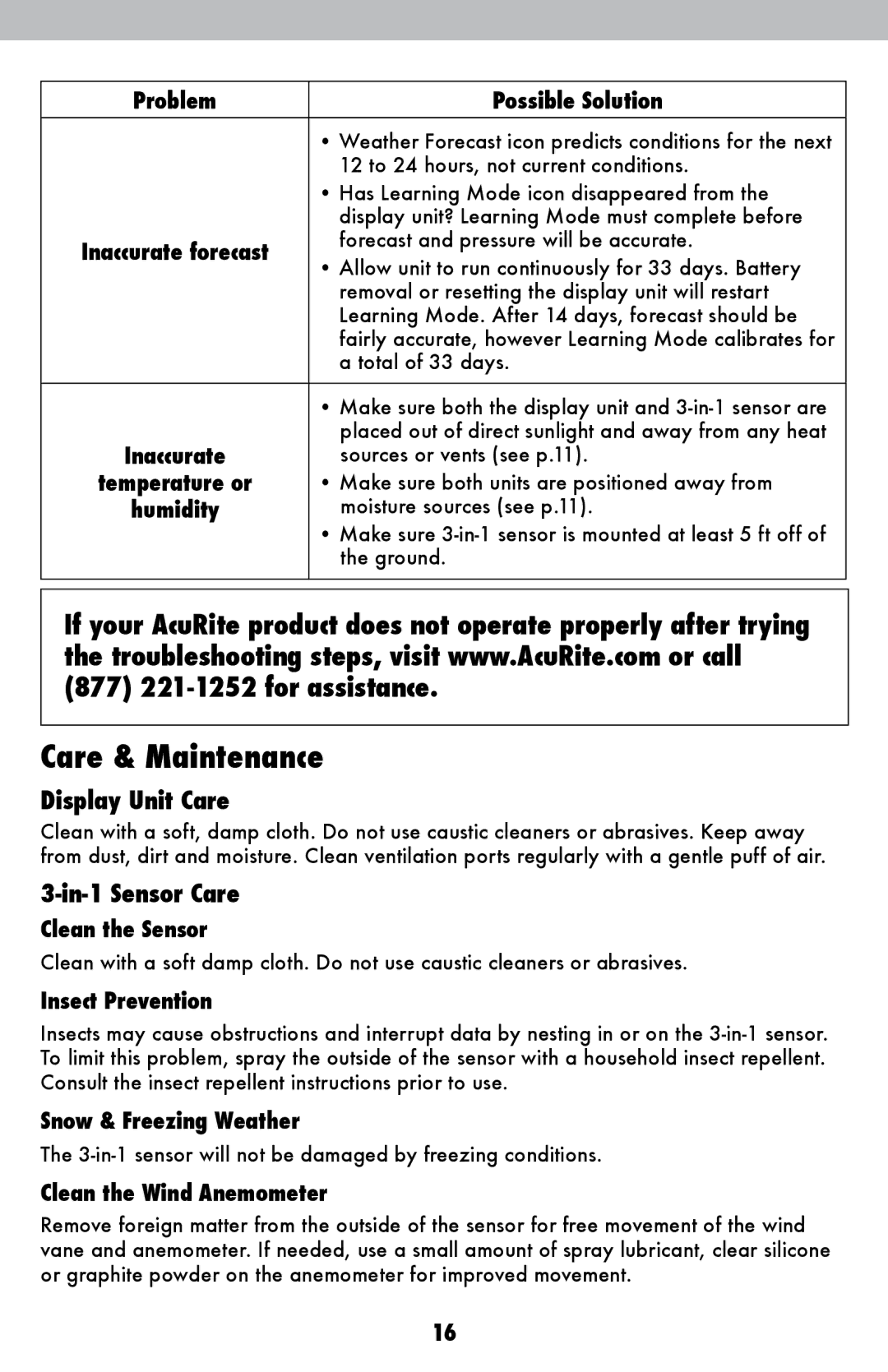 Acu-Rite 00639W instruction manual Care & Maintenance, Display Unit Care, In-1 Sensor Care 