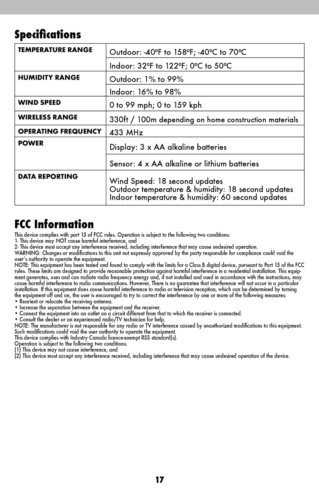 Acu-Rite 00639W instruction manual Specifications, FCC Information 