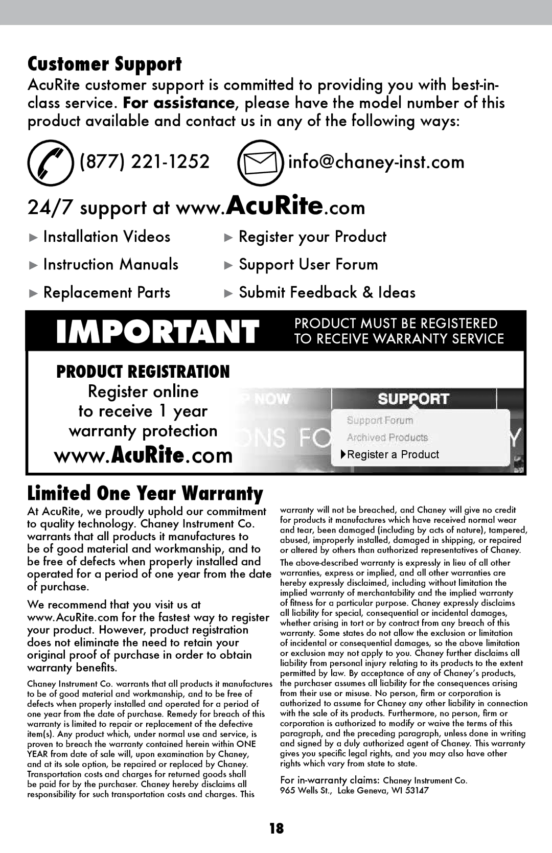 Acu-Rite 00639W instruction manual Customer Support, 877 221-1252 info@chaney-inst.com 