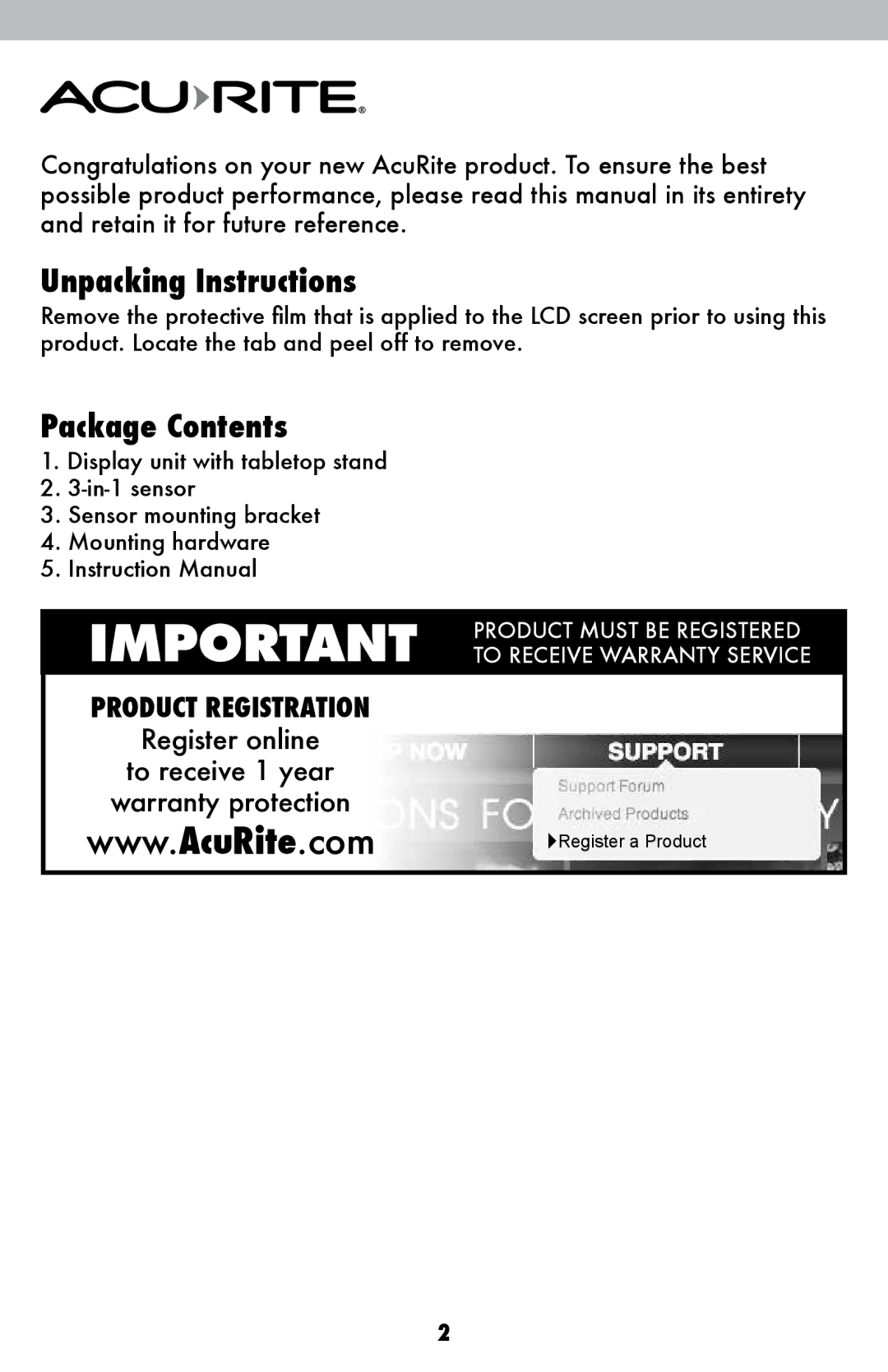 Acu-Rite 00639W instruction manual Unpacking Instructions, Package Contents 