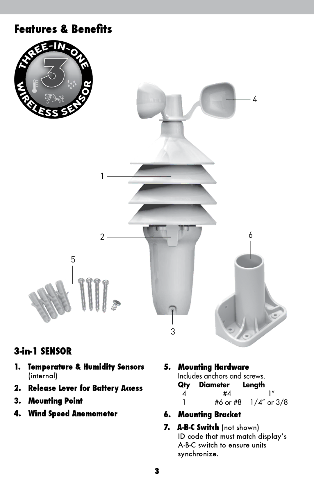 Acu-Rite 00639W Features & Benefits, Temperature & Humidity Sensors, Mounting Bracket B-C Switch not shown 