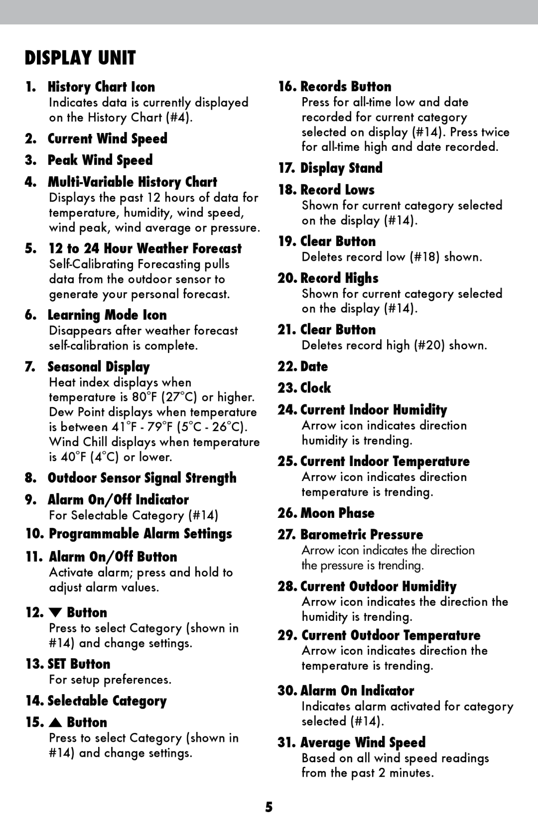 Acu-Rite 00639W History Chart Icon, 12 to 24 Hour Weather Forecast, Learning Mode Icon, Seasonal Display, Button 