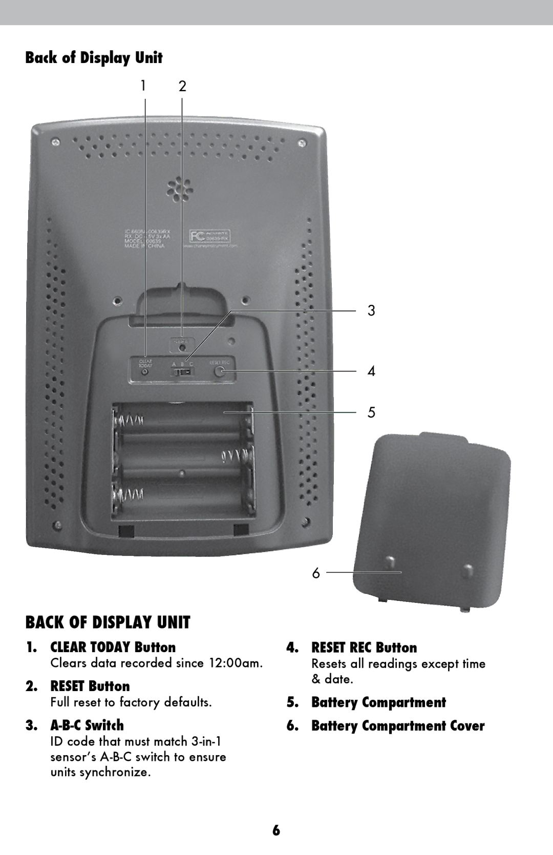 Acu-Rite 00639W instruction manual Back of Display Unit 