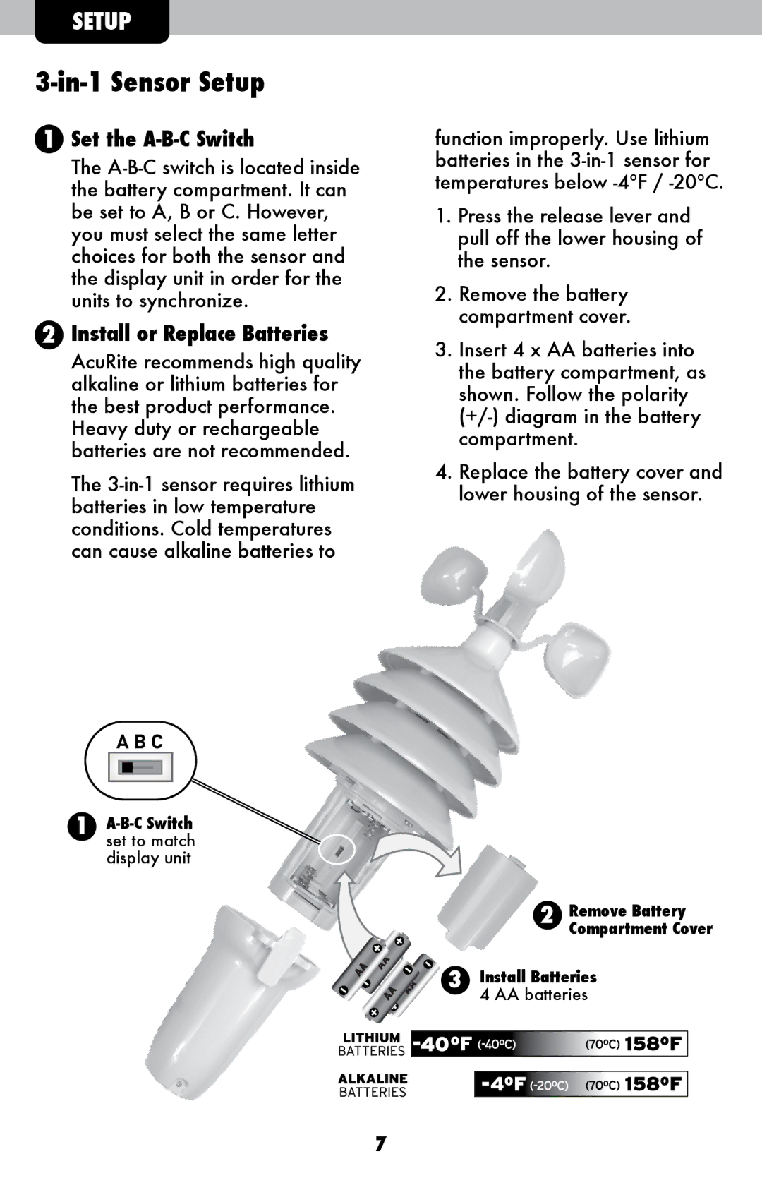 Acu-Rite 00639W instruction manual In-1 Sensor Setup, Set the A-B-C Switch, Install or Replace Batteries 