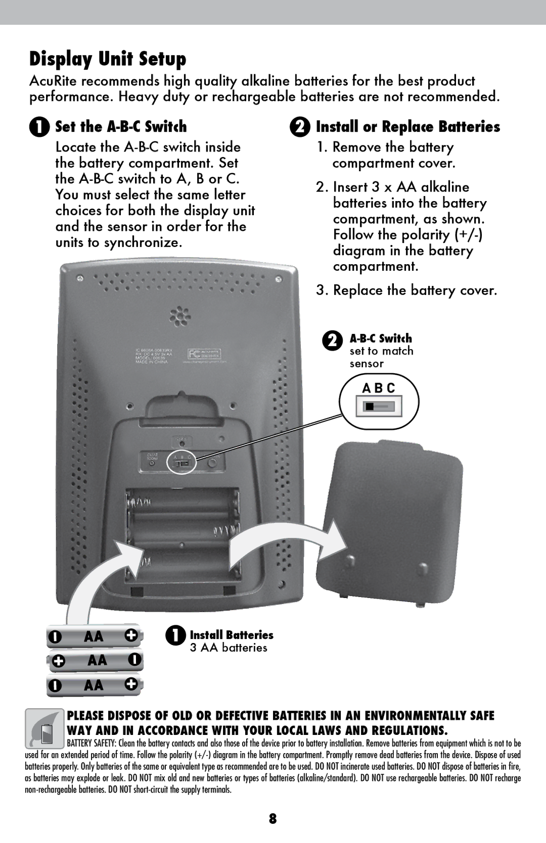 Acu-Rite 00639W instruction manual Display Unit Setup, Install or Replace Batteries 