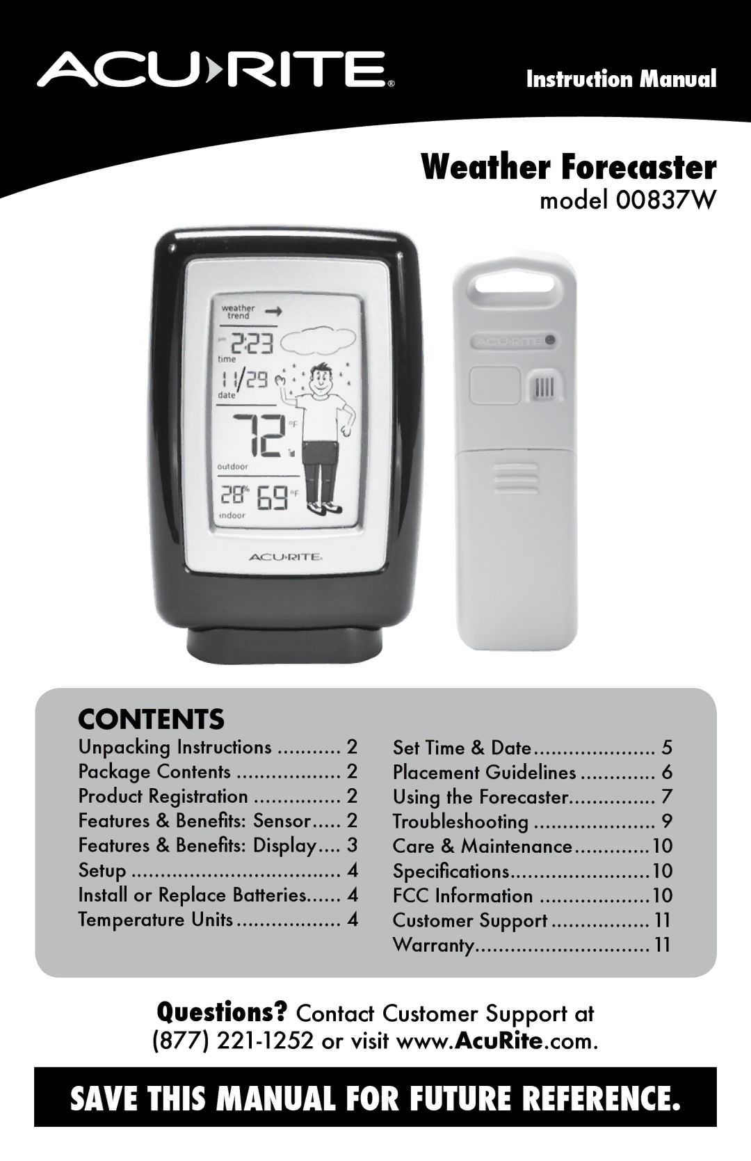 Acu-Rite 00837W instruction manual Weather Forecaster, Contents 