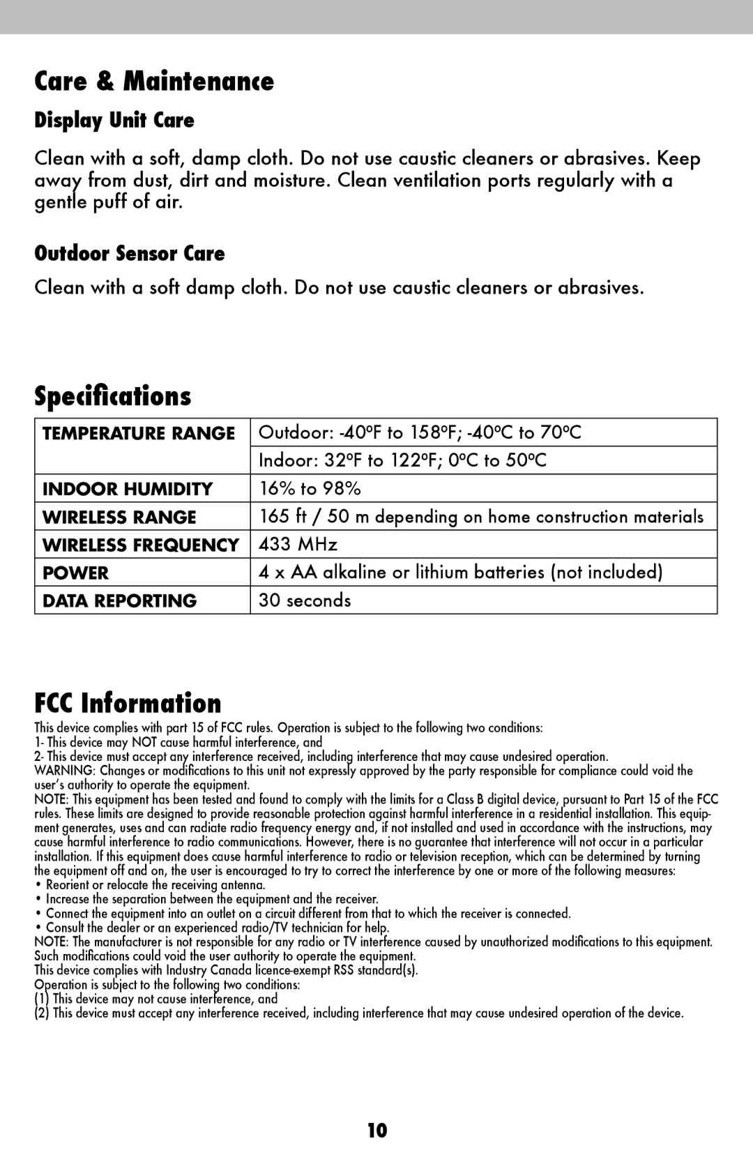 Acu-Rite 00837W Care & Maintenance, Specifications, FCC Information, Display Unit Care, Outdoor Sensor Care 