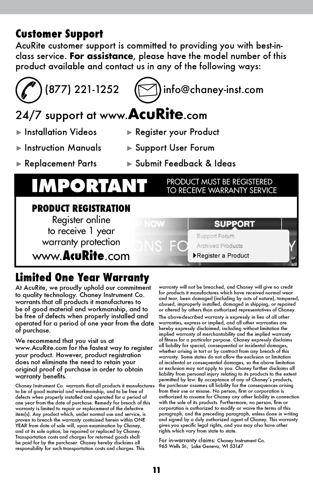 Acu-Rite 00837W instruction manual Customer Support, 877 221-1252 info@chaney-inst.com 