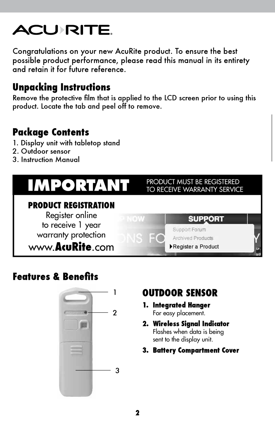 Acu-Rite 00837W instruction manual Unpacking Instructions, Package Contents, Features & Benefits, Outdoor Sensor 