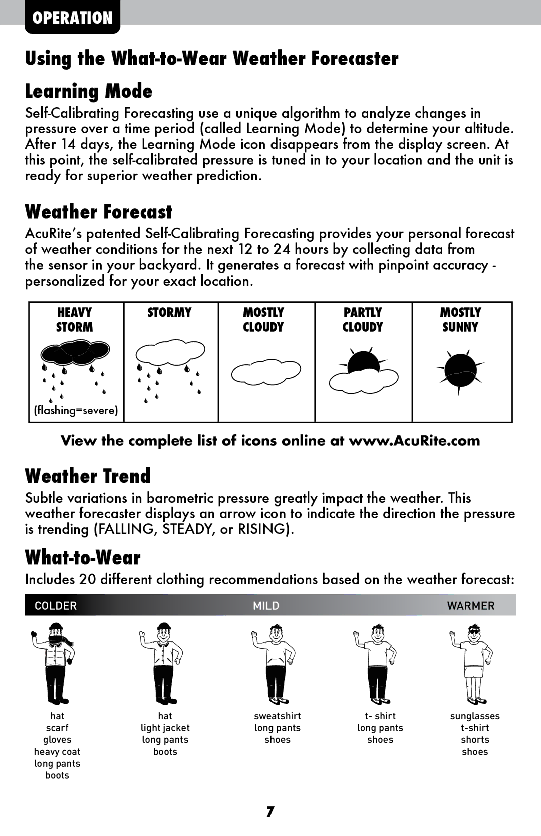 Acu-Rite 00837W instruction manual Using the What-to-Wear Weather Forecaster Learning Mode, Weather Trend 