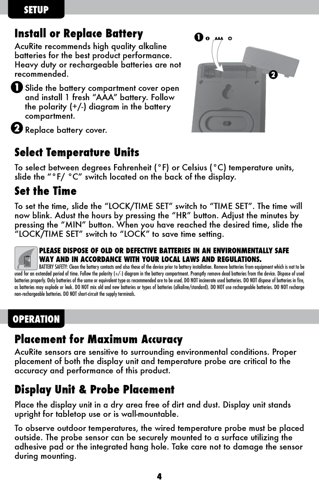 Acu-Rite 00891A Select Temperature Units, Set the Time, Placement for Maximum Accuracy, Display Unit & Probe Placement 