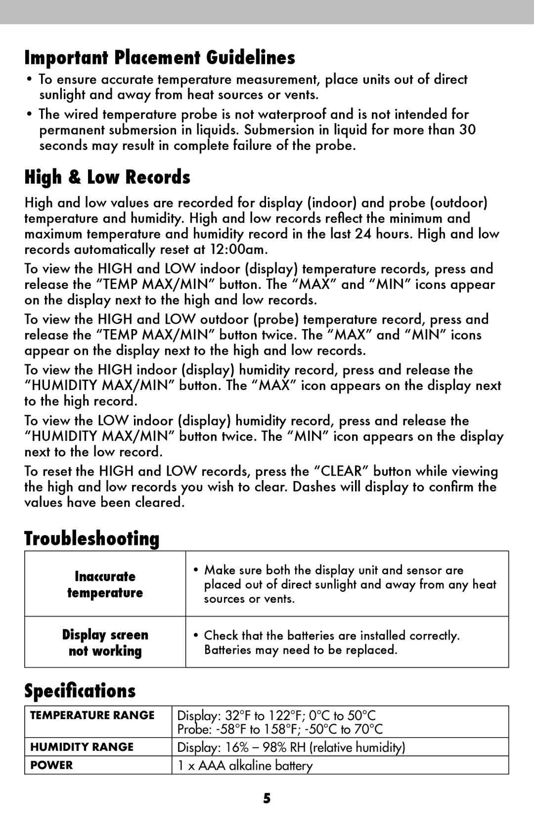 Acu-Rite 00891A instruction manual Important Placement Guidelines, High & Low Records, Troubleshooting, Specifications 