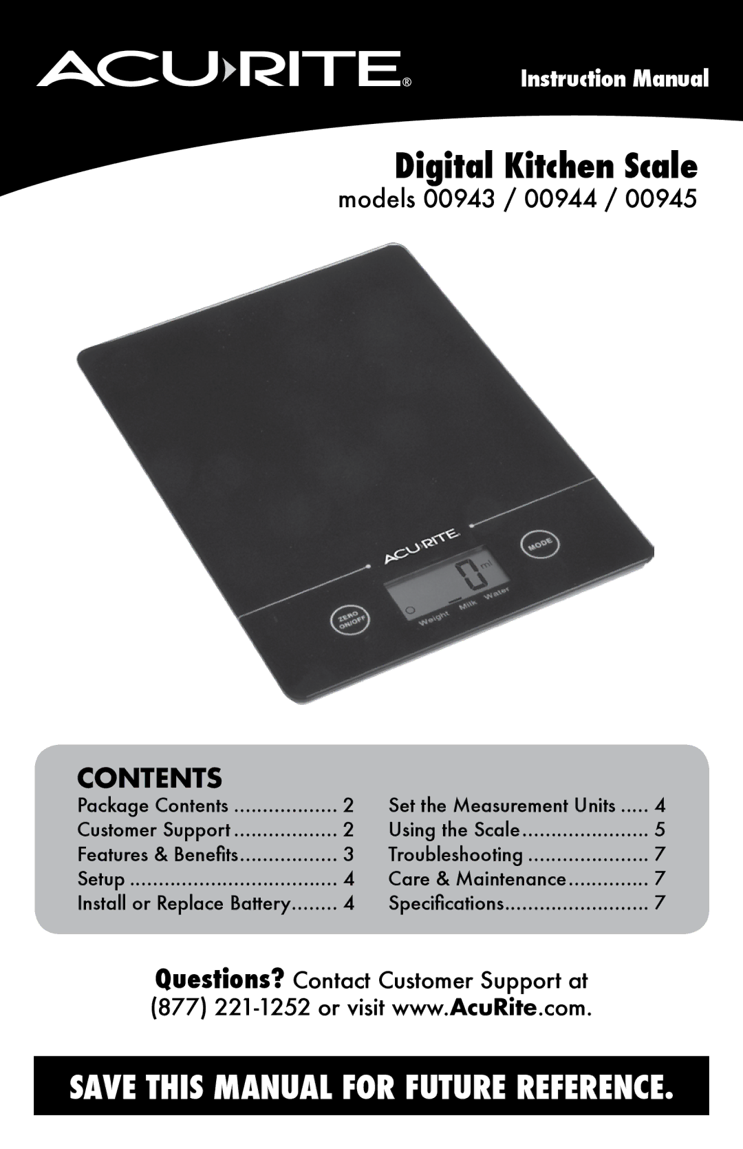 Acu-Rite 00943 / 00944 / 00945 instruction manual Digital Kitchen Scale, Contents 