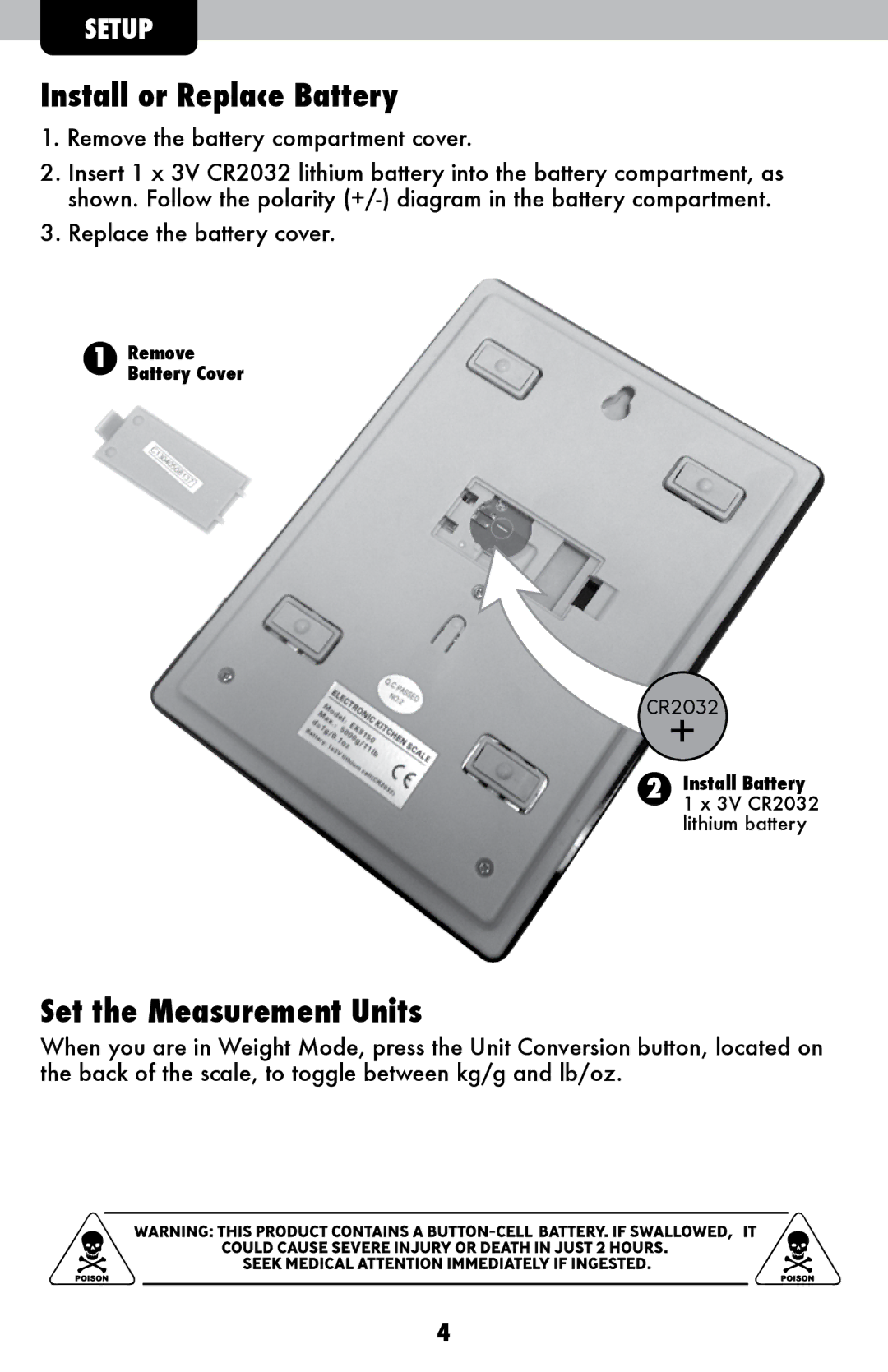 Acu-Rite 00943 / 00944 / 00945 instruction manual Install or Replace Battery, Set the Measurement Units 