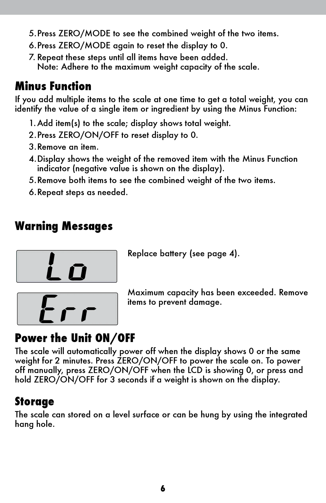 Acu-Rite 00943 / 00944 / 00945 instruction manual Minus Function, Power the Unit ON/OFF, Storage 