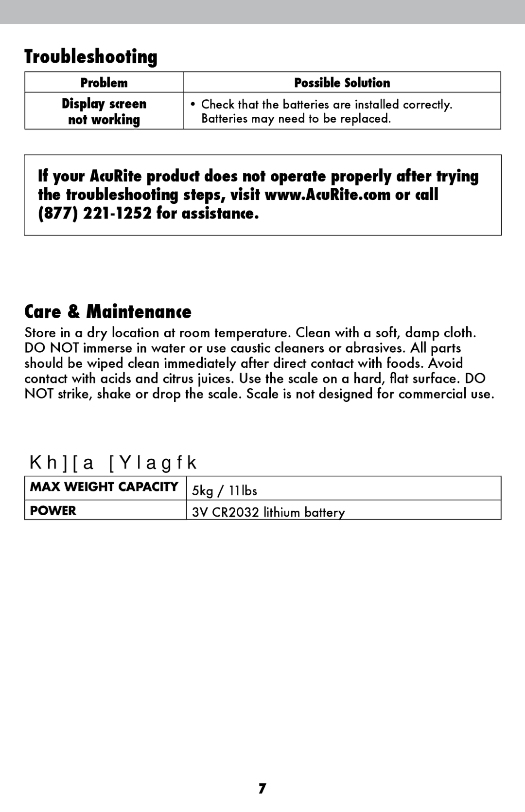 Acu-Rite 00943 / 00944 / 00945 instruction manual Troubleshooting, Care & Maintenance, Specifications 