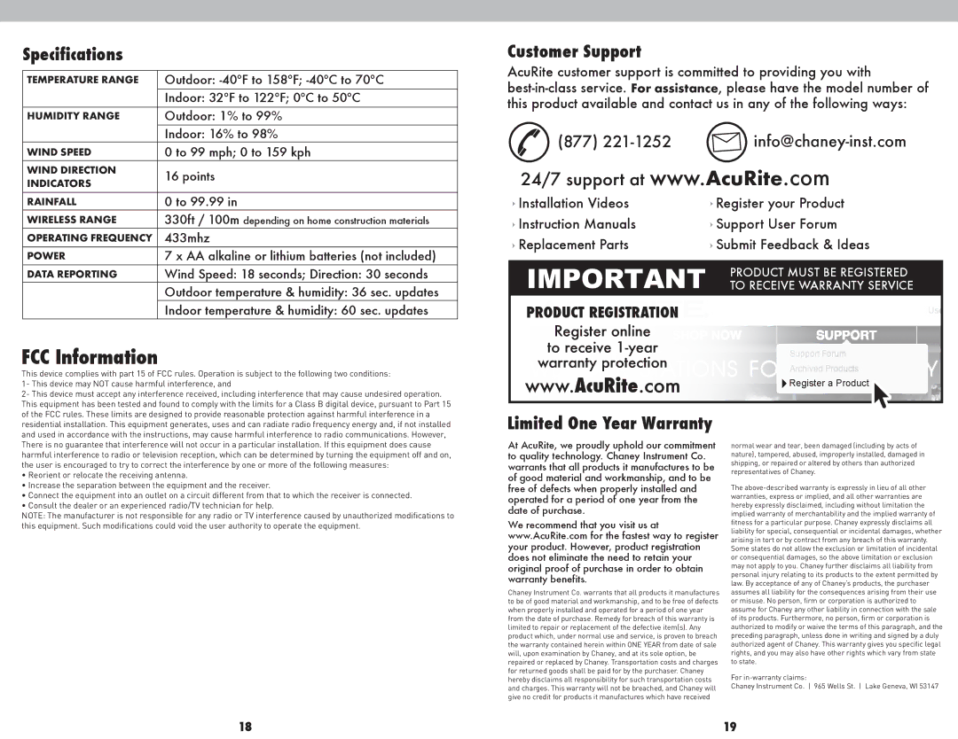 Acu-Rite 01502BPDI instruction manual Specifications, Customer Support 