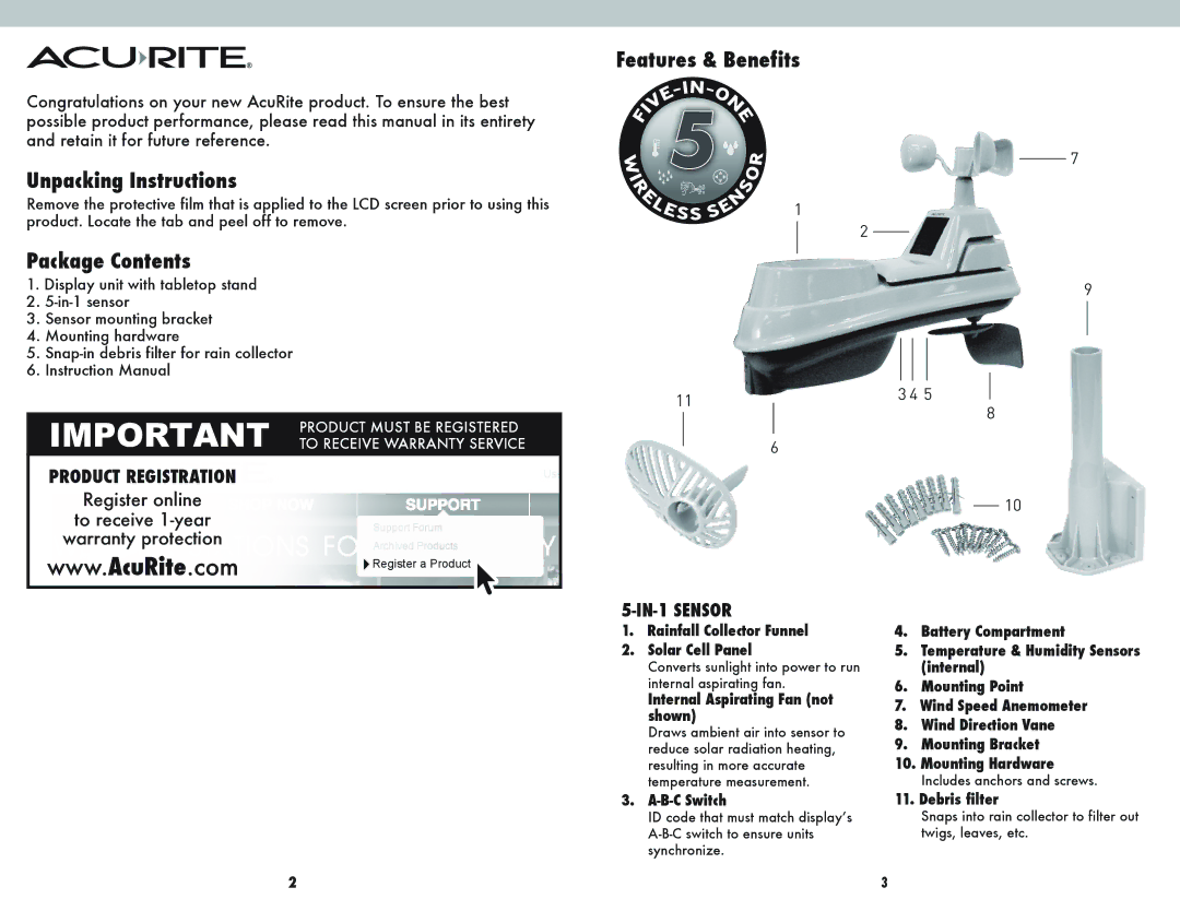 Acu-Rite 01502BPDI instruction manual Unpacking Instructions, Package Contents, Features & Benefits 