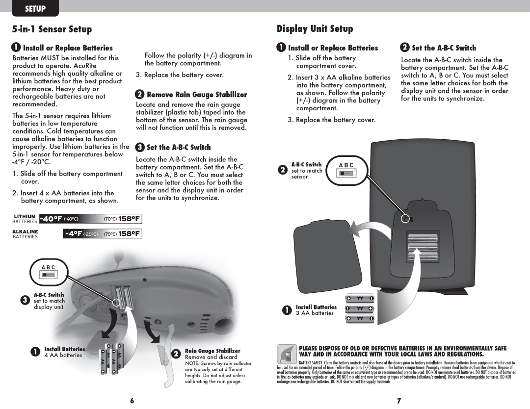 Acu-Rite 01502BPDI In-1 Sensor Setup, Display Unit Setup, Install or Replace Batteries, Remove Rain Gauge Stabilizer 