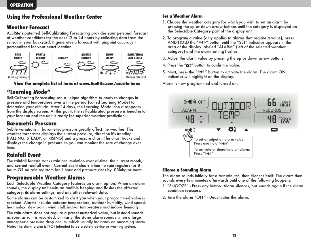 Acu-Rite 01502BPDI Using the Professional Weather Center Weather Forecast, Learning Mode, Barometric Pressure 