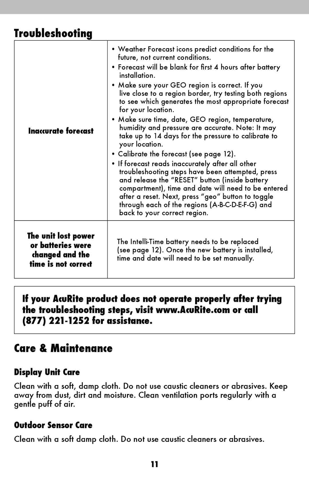 Acu-Rite 02005TBDI instruction manual Care & Maintenance, Inaccurate forecast 