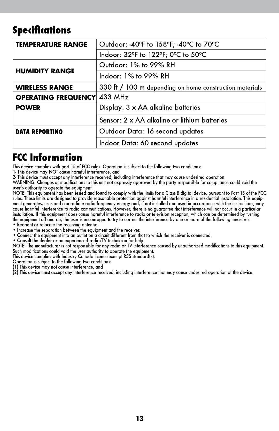 Acu-Rite 02005TBDI instruction manual Specifications, FCC Information 