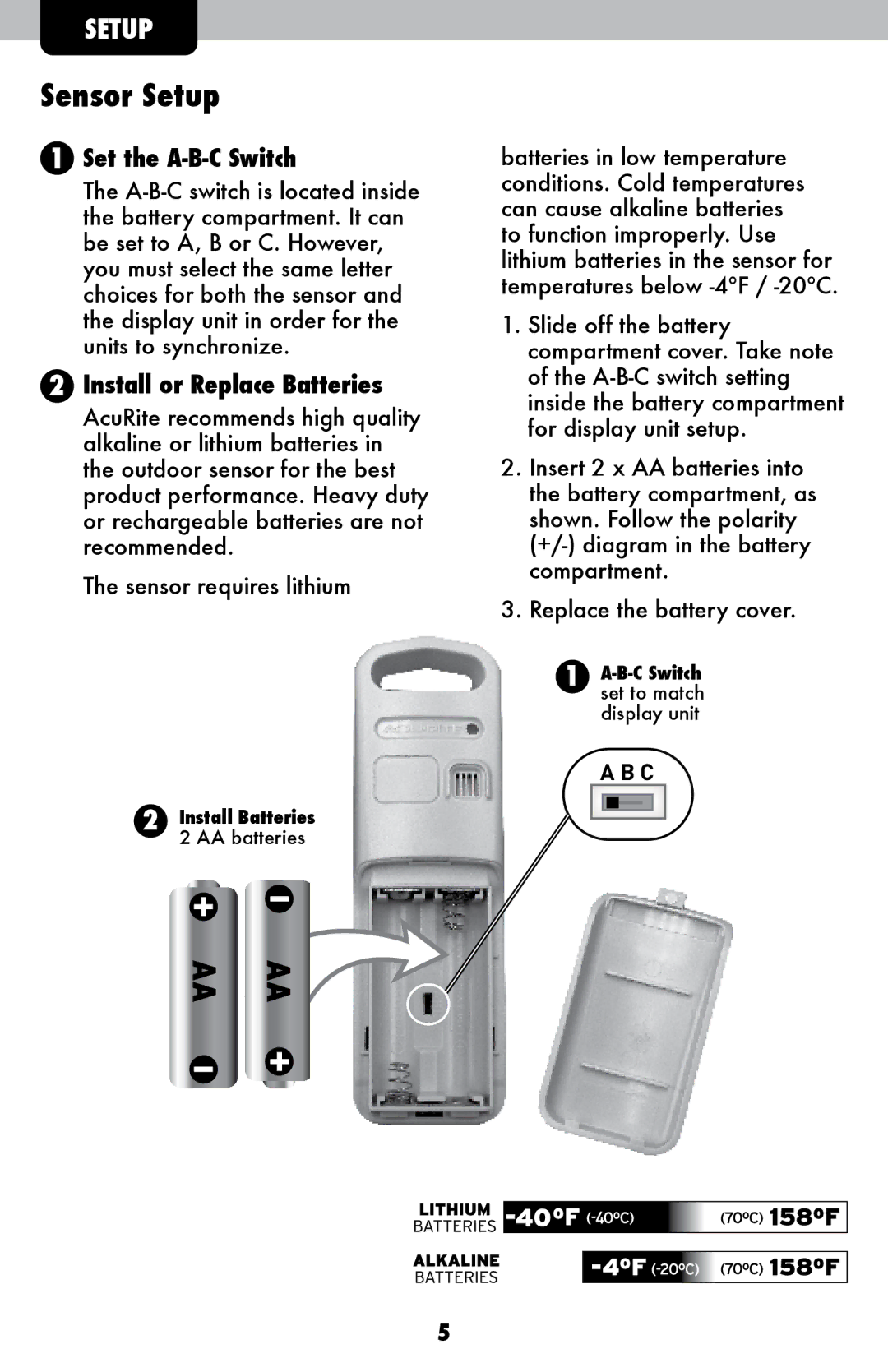 Acu-Rite 02005TBDI instruction manual Sensor Setup, Set the A-B-C Switch 