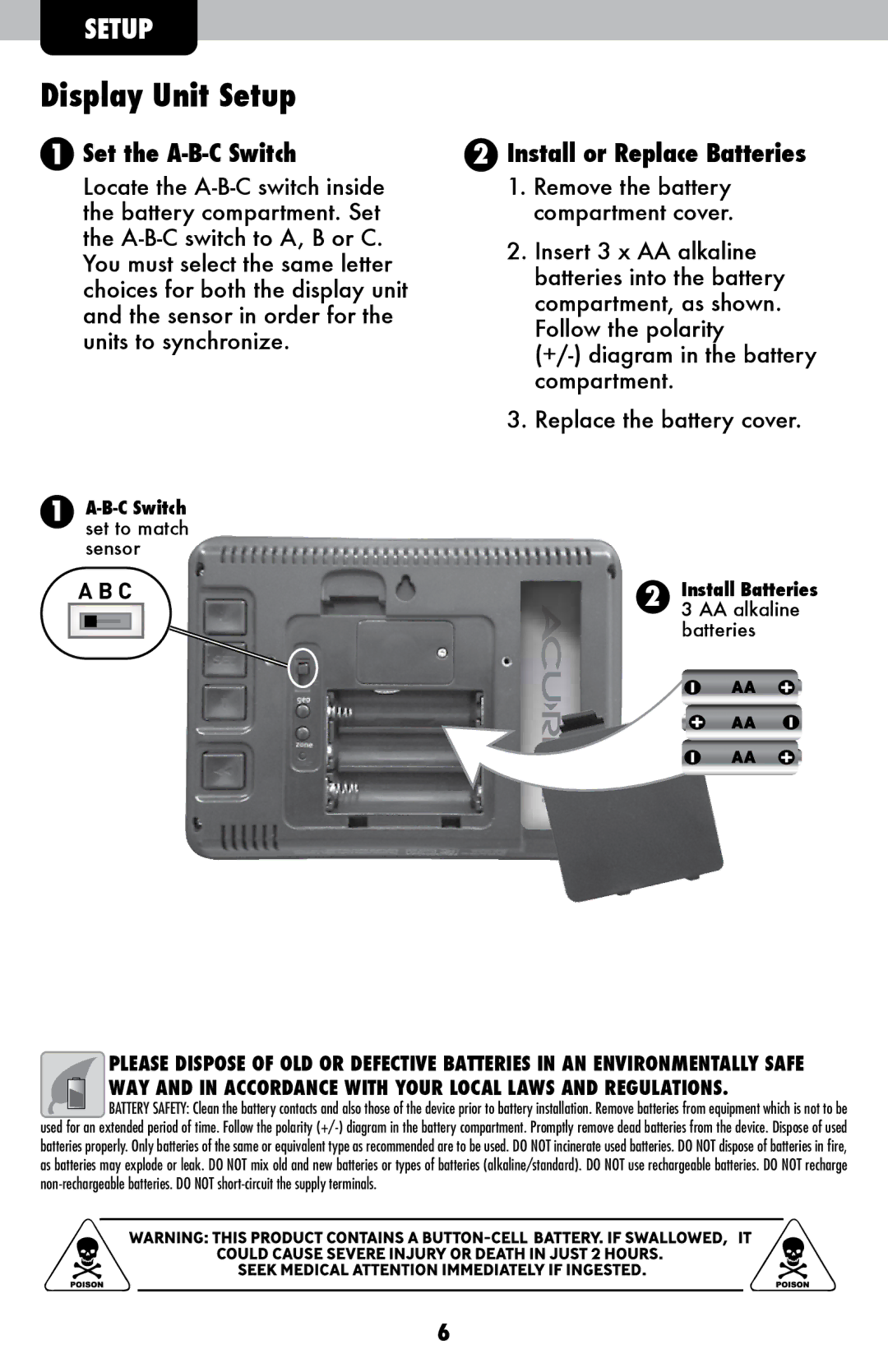 Acu-Rite 02005TBDI instruction manual Display Unit Setup, Install or Replace Batteries 