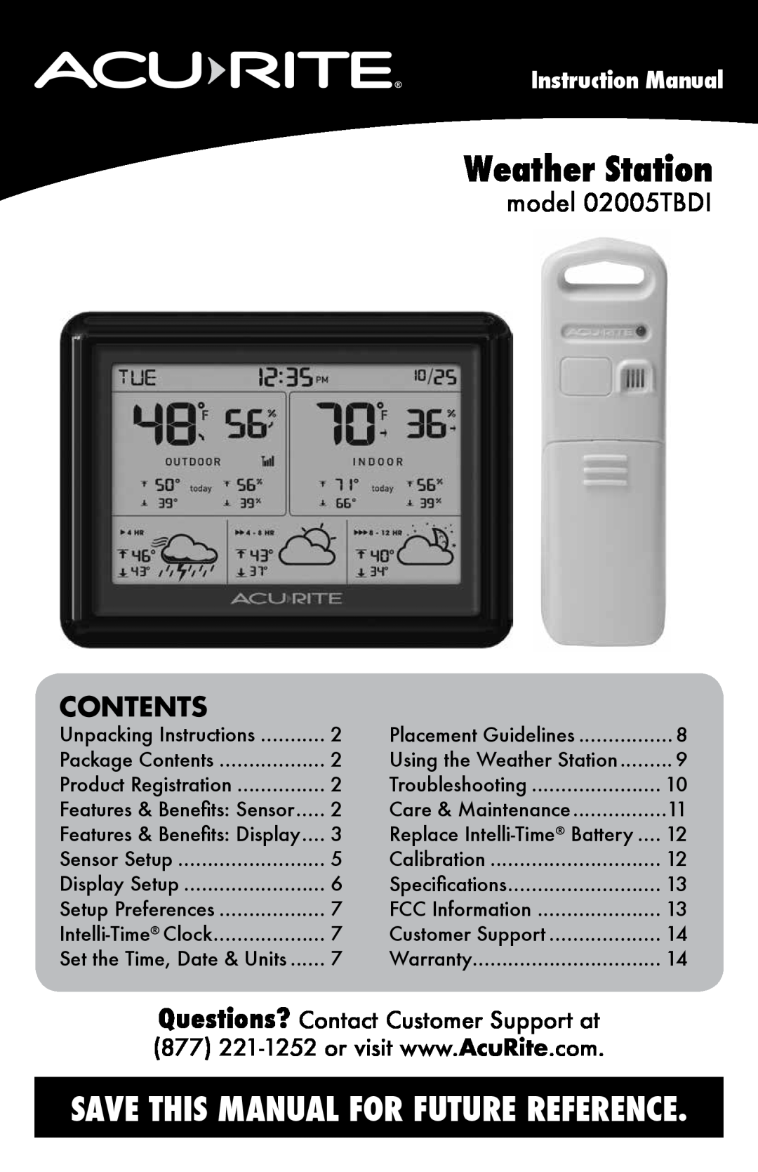 Acu-Rite instruction manual Contents, model 02005TBDI, Instruction Manual, Weather Station 