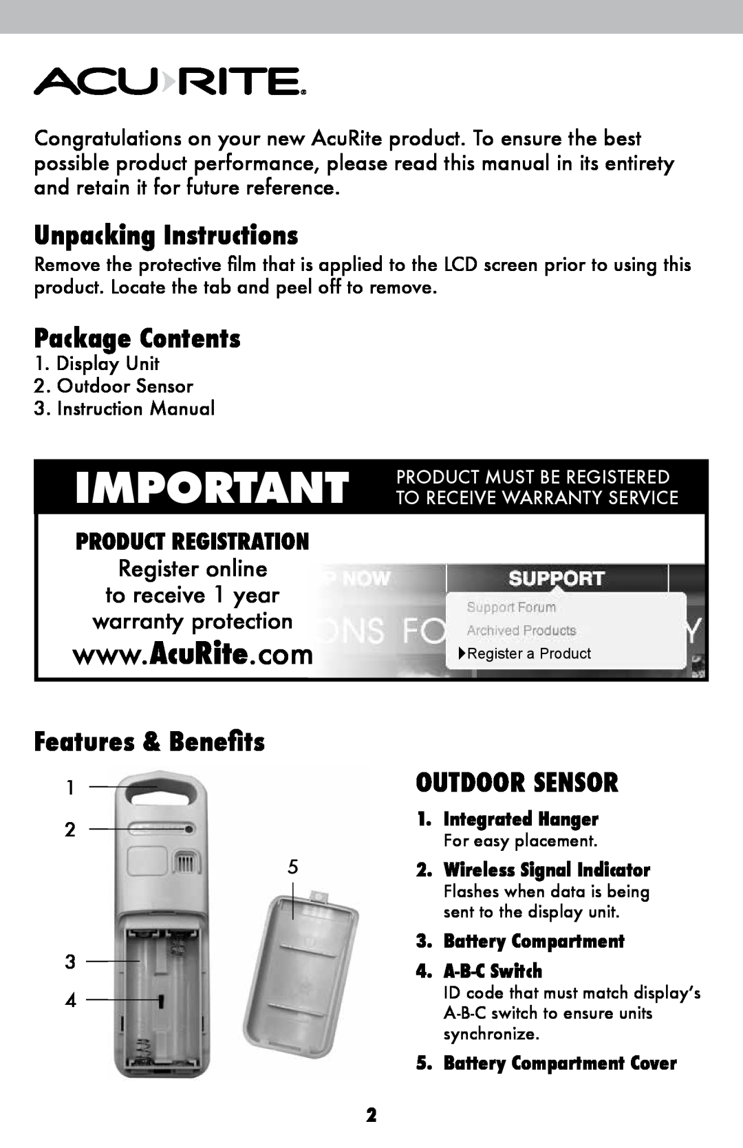 Acu-Rite 02005TBDI Unpacking Instructions, Package Contents, Outdoor Sensor, Features & Benefits, Register online 