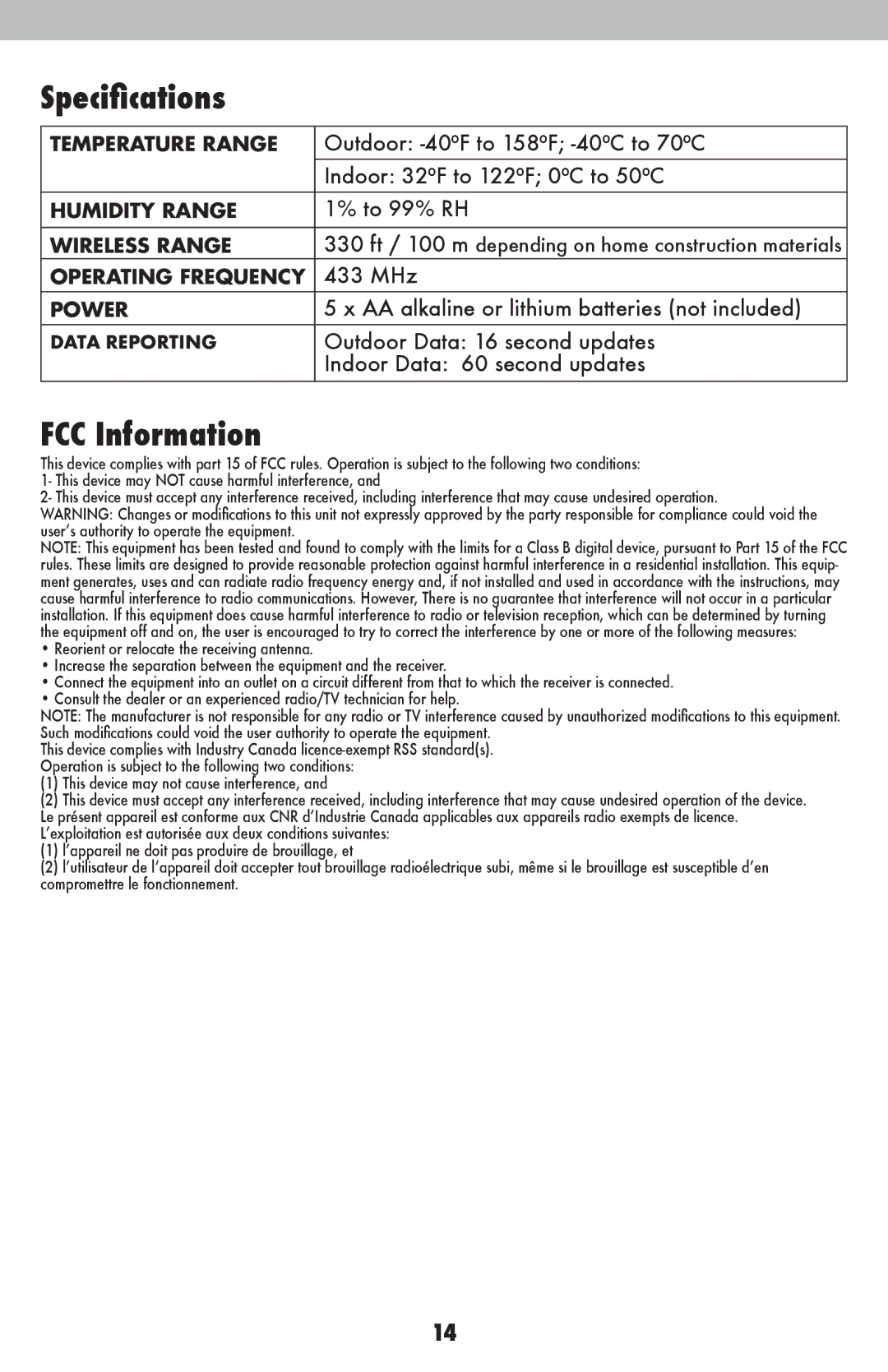 Acu-Rite 02010/02014/02015 instruction manual Specifications, FCC Information 