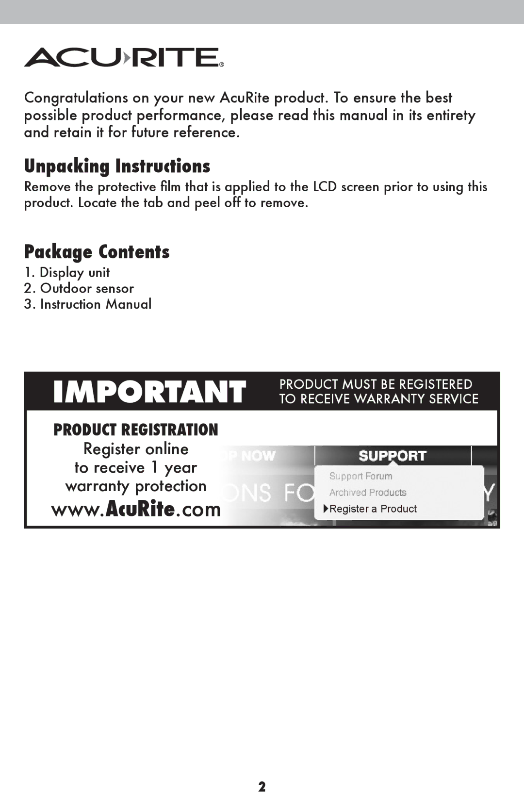 Acu-Rite 02010/02014/02015 instruction manual Unpacking Instructions, Package Contents 