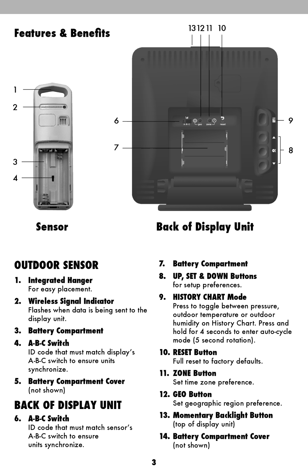 Acu-Rite 02010/02014/02015 instruction manual Features & Benefits, Sensor, Back of Display Unit 