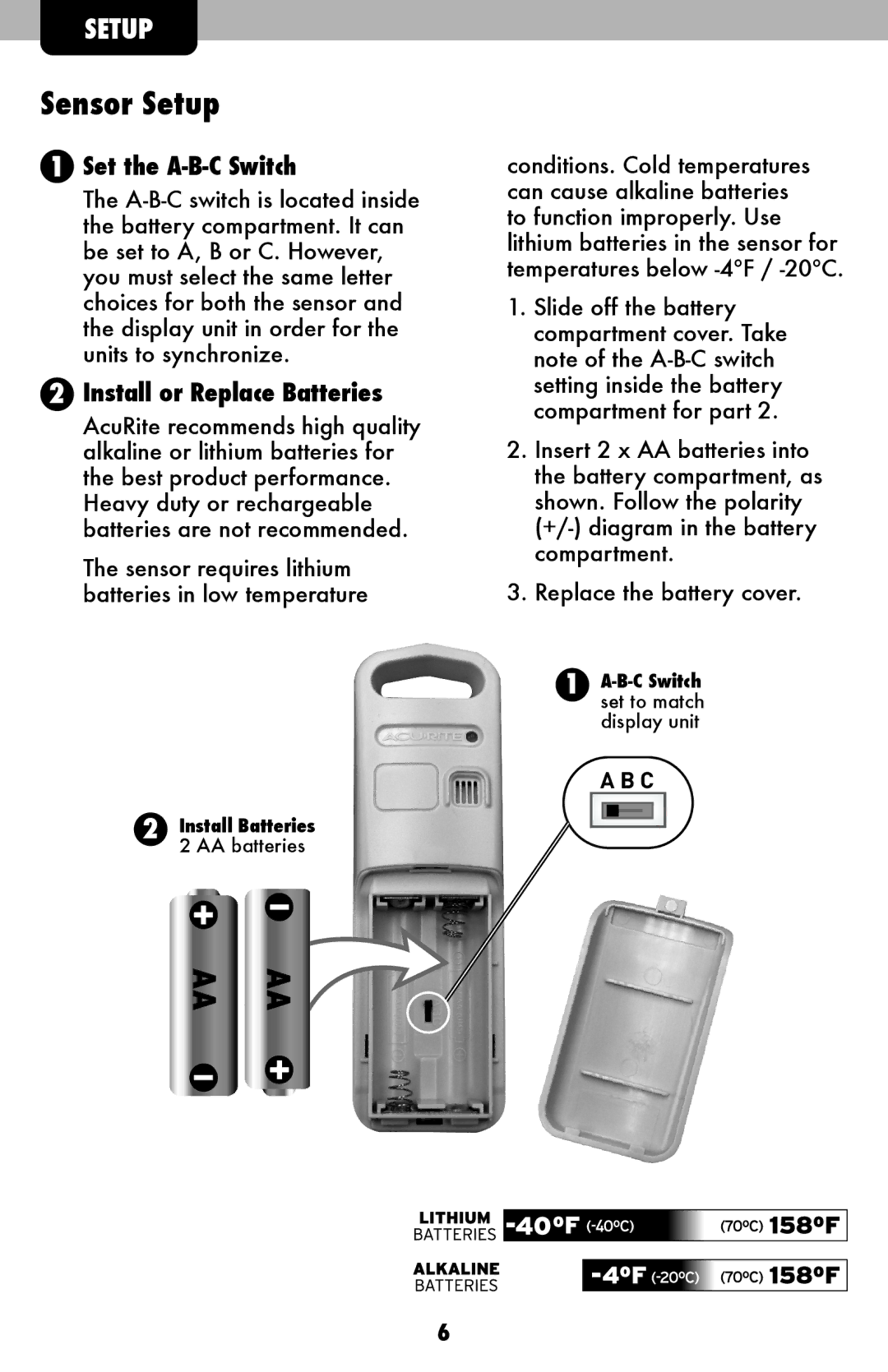 Acu-Rite 02010/02014/02015 instruction manual Sensor Setup, Set the A-B-C Switch 