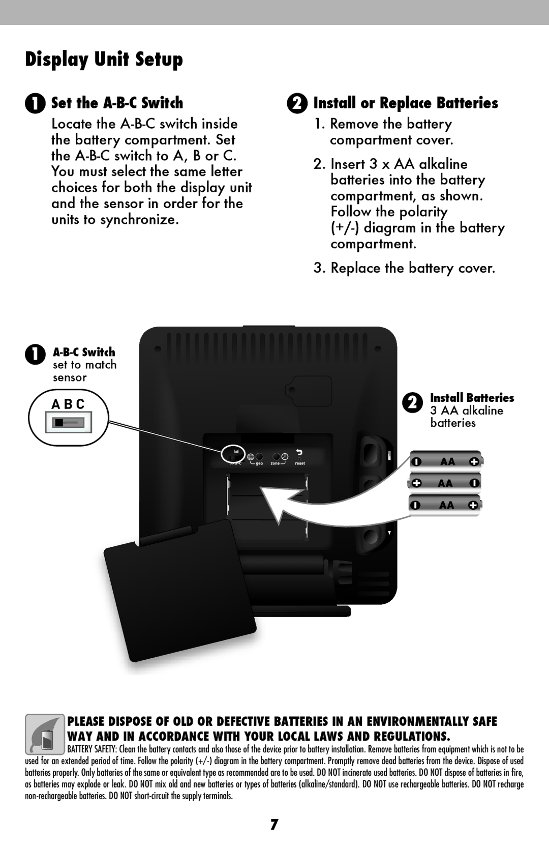 Acu-Rite 02010/02014/02015 instruction manual Display Unit Setup, Install or Replace Batteries 