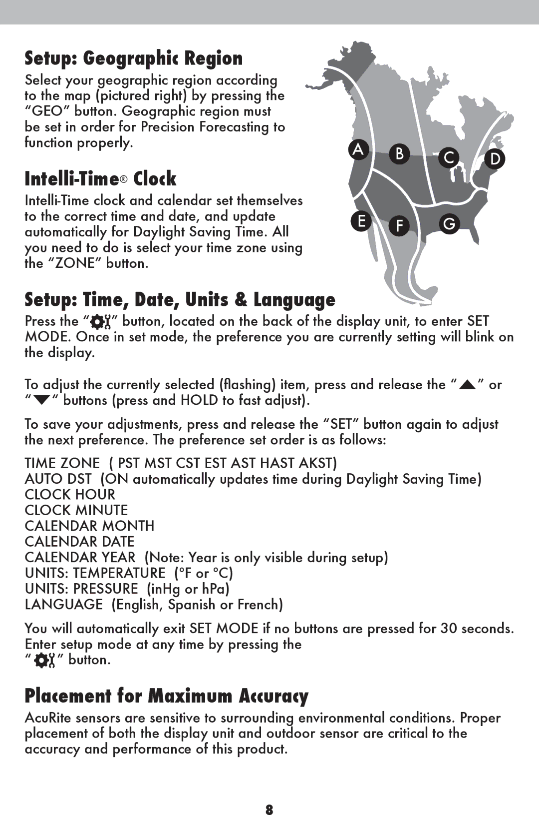 Acu-Rite 02010/02014/02015 Setup Geographic Region, Intelli-TimeClock, Setup Time, Date, Units & Language 