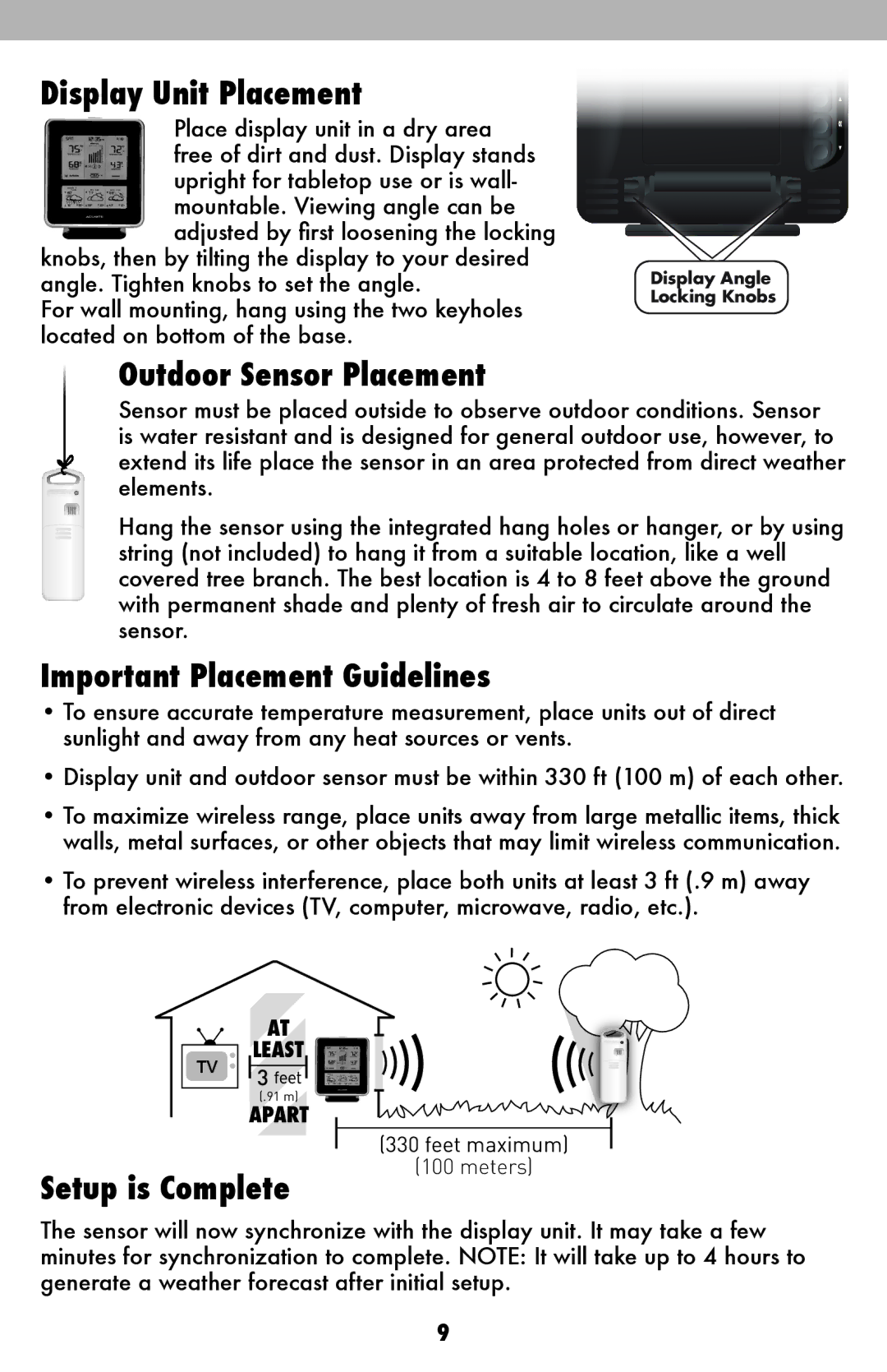 Acu-Rite 02010/02014/02015 Display Unit Placement, Outdoor Sensor Placement, Important Placement Guidelines 