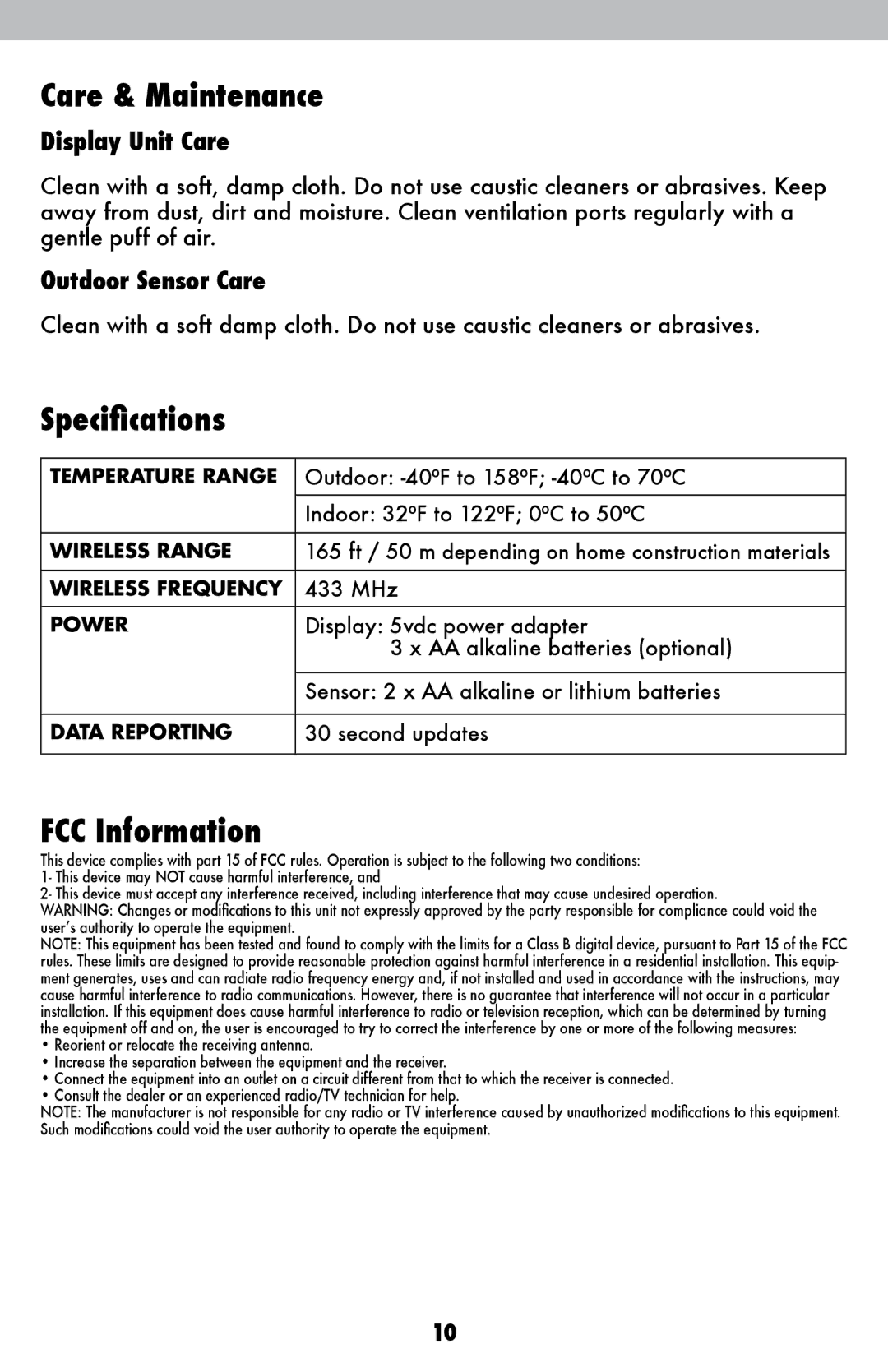 Acu-Rite 02029W Care & Maintenance, Specifications, FCC Information, Display Unit Care, Outdoor Sensor Care 