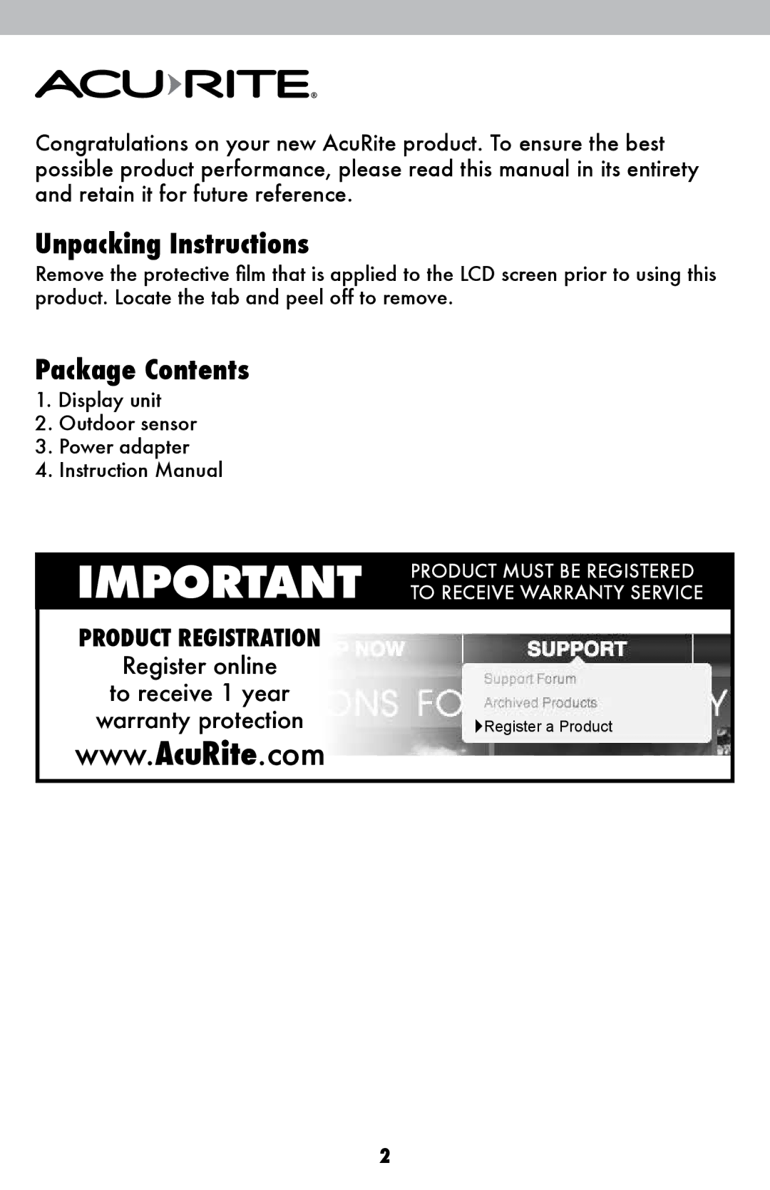 Acu-Rite 02029W instruction manual Unpacking Instructions, Package Contents 