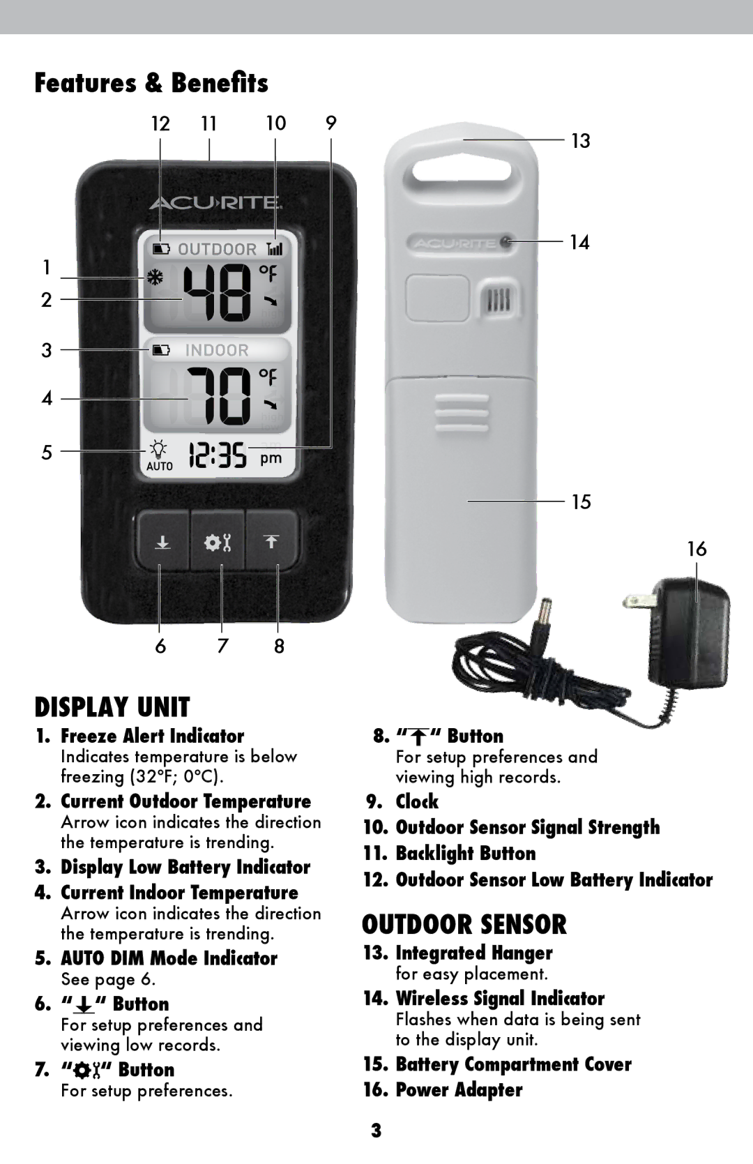 Acu-Rite 02029W instruction manual Features & Benefits, Display Unit 